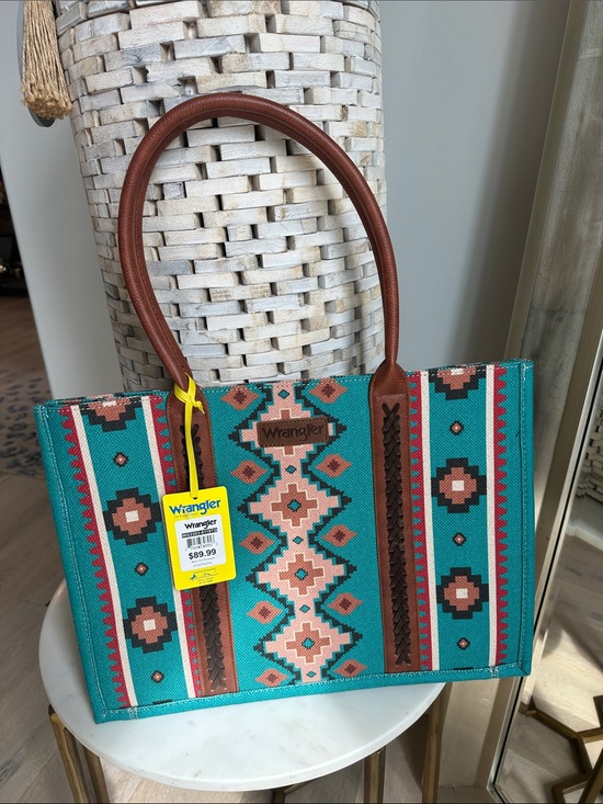 Wrangler Handbags - Wrangler Turquoise and Pink Southwestern Tote with Brown Handles